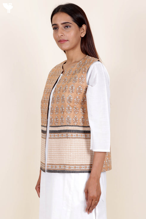 Cotton Sleeveless Jacket  In Floral Block Print